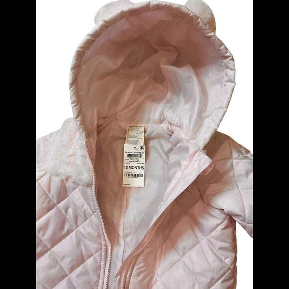 First Impressions Quilted Faux Fur Detachable Footed Hood Snowsuit Baby Pink 12M - Picture 8 of 8